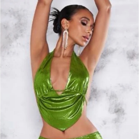 Lime Green Metallic Halter Top NWT Size S - Picture 1 of 12